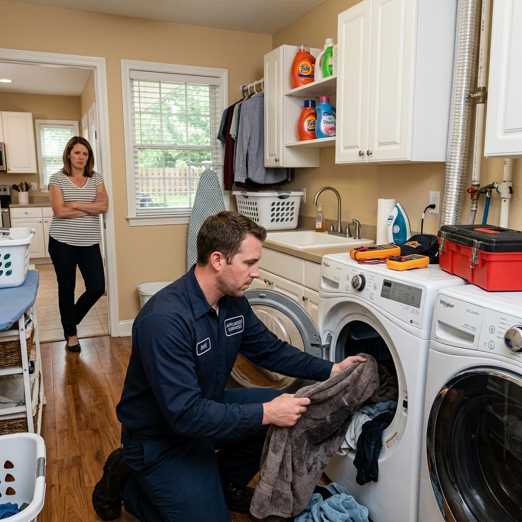 Laundry room with a clothes dryer and damp laundry