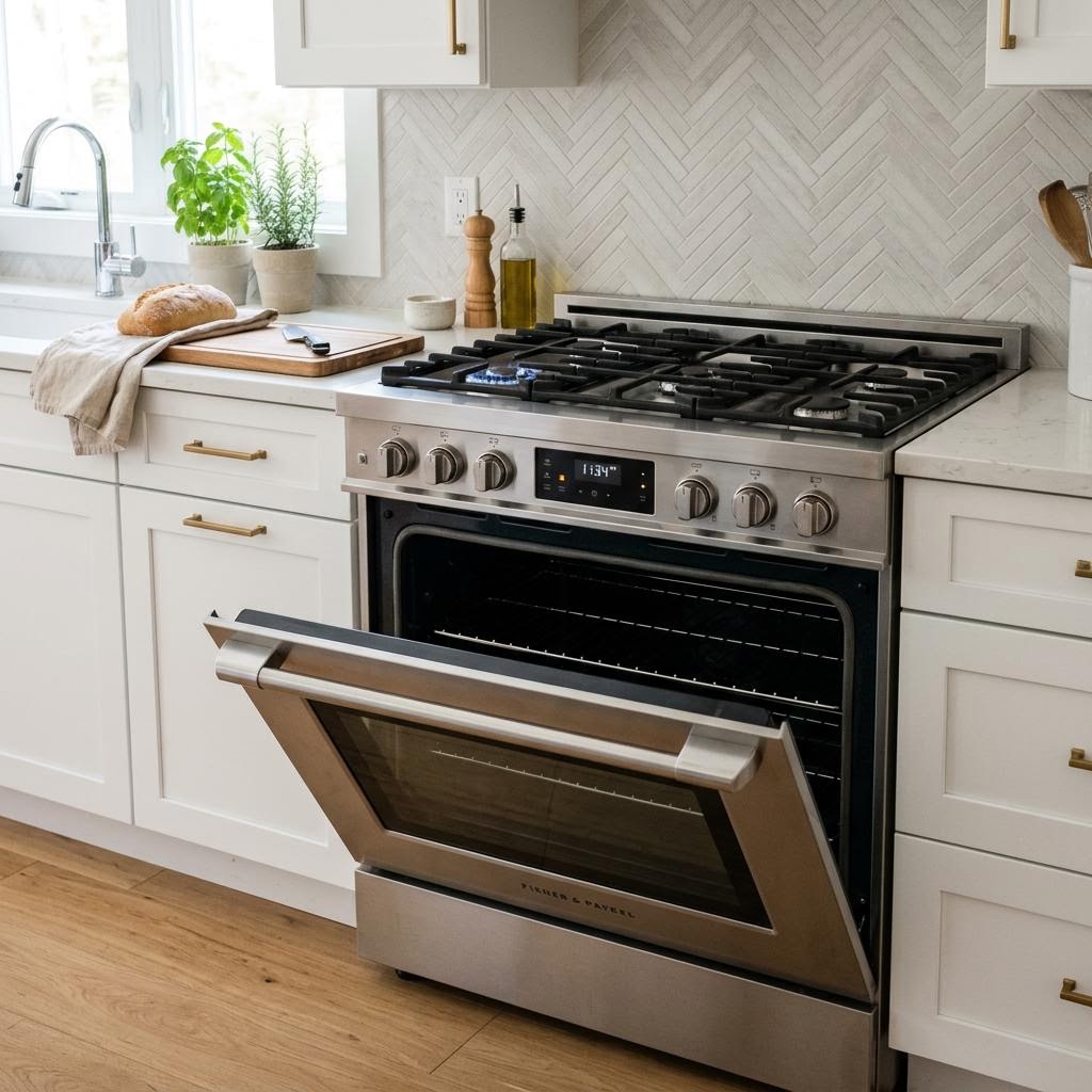 Stainless steel oven and range in a bright modern kitchen