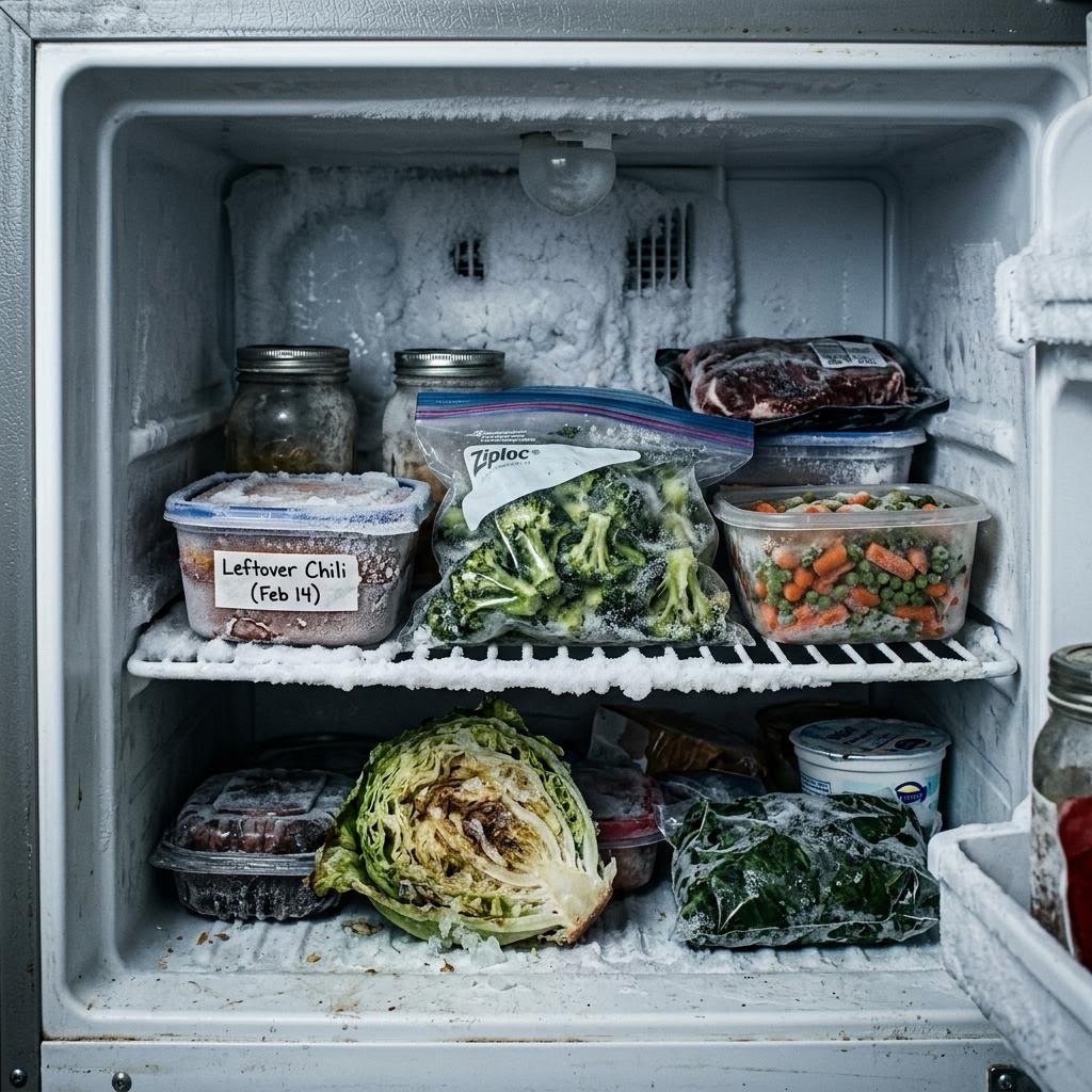 Refrigerator shelves with frost and ice buildup on food