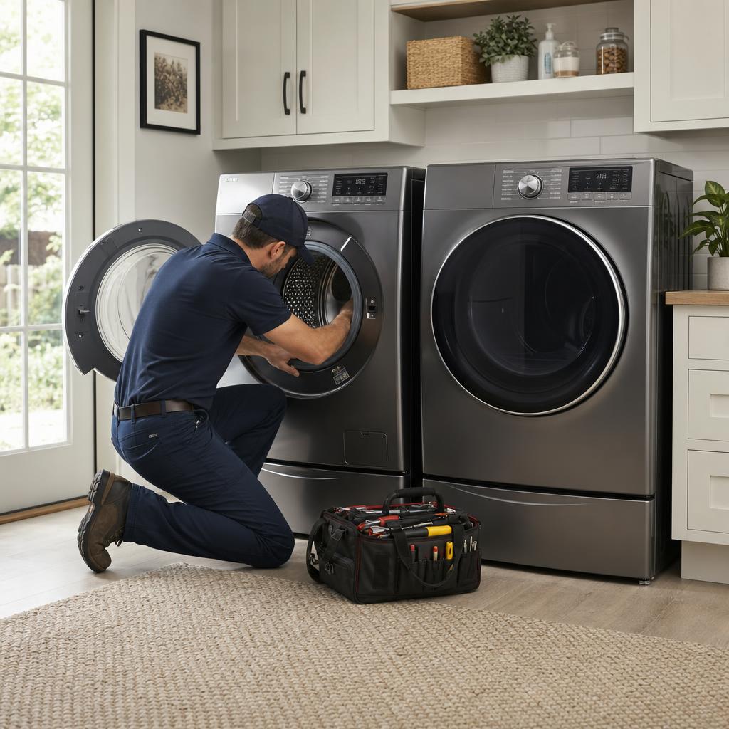 Appliance repair technician inspecting a front-loading washer in a laundry room
